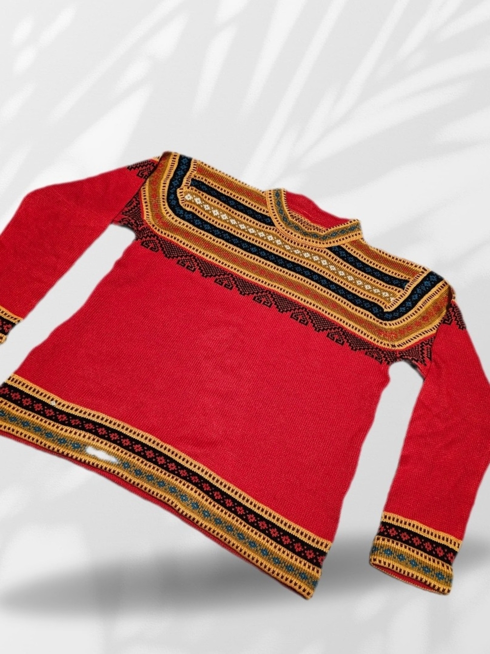 Red Ethnic-Trim Crewneck Sweater for Men